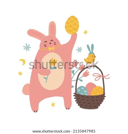 Rabbit holdingess, yellow chicken wearing easter bunny ear, basket with eggs, polka dot egg. Concept of happy Easter symbols in flat hand drawn vector style