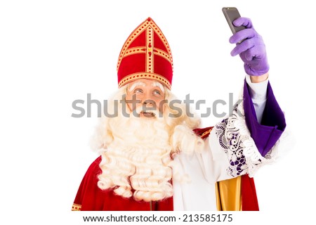Sinterklaas  making selfie with mobile. isolated on white background. Dutch character of Santa Claus