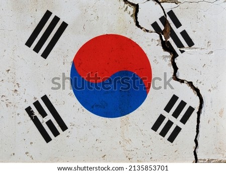 South Korean flag on cracked wall.
