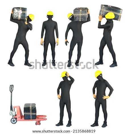 Anonymous workers at manual pallet truck, lifting heavy package 