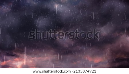 Image of heavy rain falling over lightning and stormy clouds background. weather, nature, storm and rainfall concept digitally generated image. Royalty-Free Stock Photo #2135874921