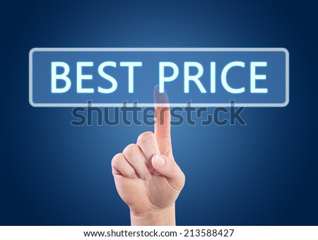 Hand pressing Best Price button on interface with blue background.