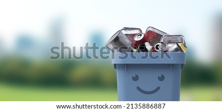 Cute smiling trash bin character full of metal waste, recycling and separate waste collection concept