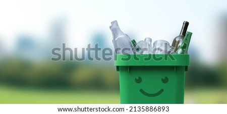 Smiling garbage can full of glass waste, recycling and separate waste collection concept