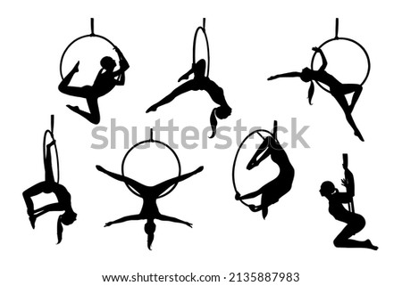 Aerial female gymnast silhouette in hoop. Aerial gymnastics stunt. Vector illustration isolated on white background Royalty-Free Stock Photo #2135887983