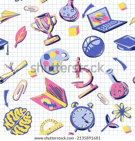 Vector hand drawn school supplies icons: globe, paints, stationery, ball, scissors, student hat, alarm clock, microscope. Seamless pattern for printing on paper and fabrics