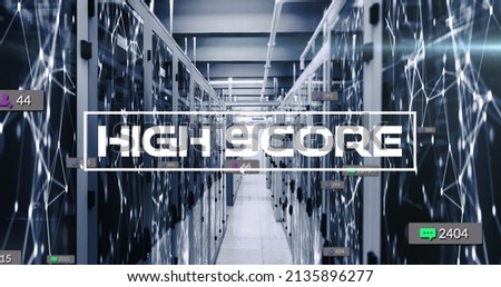 Image of high score text and numbers growing over server room. global social media and digital interface concept digitally generated image.