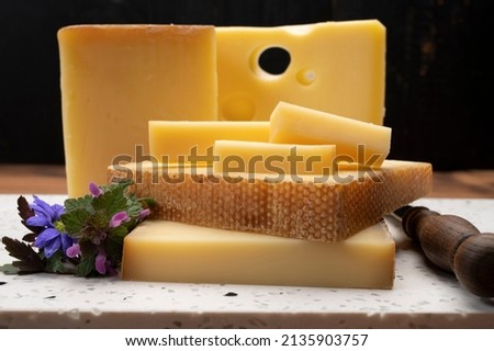 Swiss cheese collection, holes emmentaler and gruyere cheese made from unpasteurized cow's milk close up Royalty-Free Stock Photo #2135903757