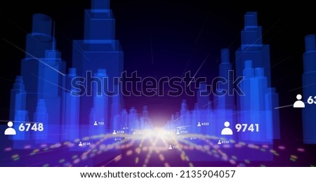Image of thank you text, emojis and numbers growing over digital cityscape. global social media, connections and digital interface concept digitally generated image.