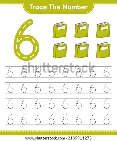Trace the number. Tracing number with Book. Educational children game, printable worksheet, vector illustration
