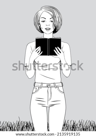 Blonde girl standing in grass and reading a book, holding in her hands. Vintage engraving stylized drawing. Vector illustration