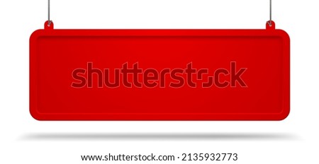 Hanging red long signboard with a frame isolated on white background. Vector illustration Royalty-Free Stock Photo #2135932773