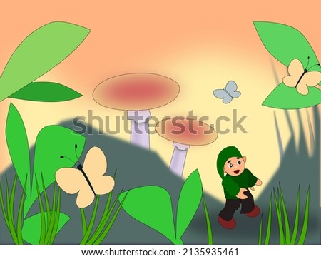 A little elf lookig at some butterflies among mushrooms and leaves inside the forest.
