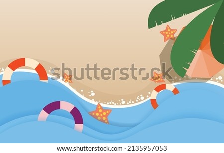 Summer beach aerial view, sea vector from top view, free space for design, decorated with coconut leaf and umbrellas, mats and starfish.