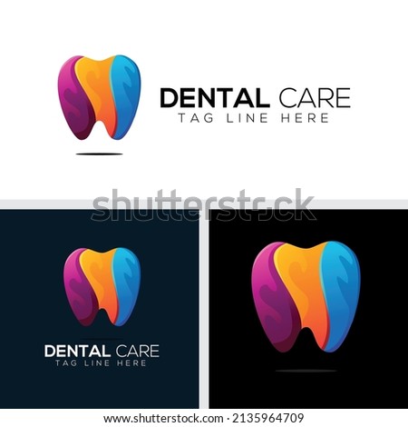 modern colorful tooth logo design, creative dental care logo illustration vector template, previews in black and white icon
