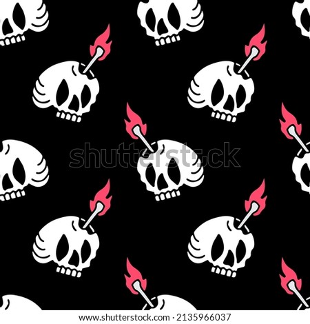 Grunge skull and torch on black background seamless pattern. Modern vintage, pop art style seamless pattern concept.