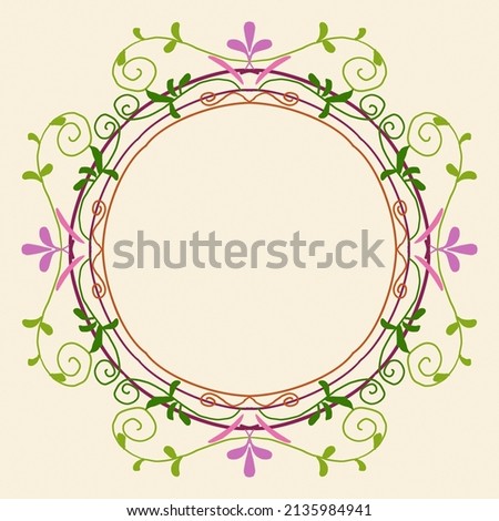Hand drawn circular frame with entwined vines. Inked illustration on square cream background
