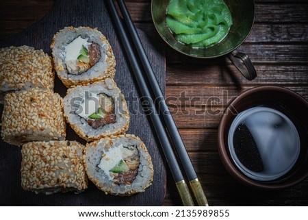 Sushi roll- gourmet fast food. Restaurant concept- asian menu