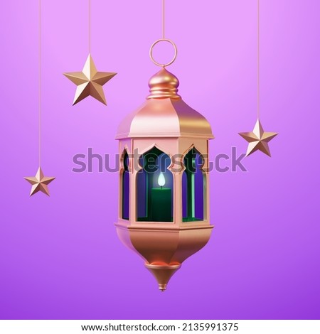 Gold hanging Islamic fanous lantern and star decoration. 3d Ramadan elements isolated on white background. Royalty-Free Stock Photo #2135991375