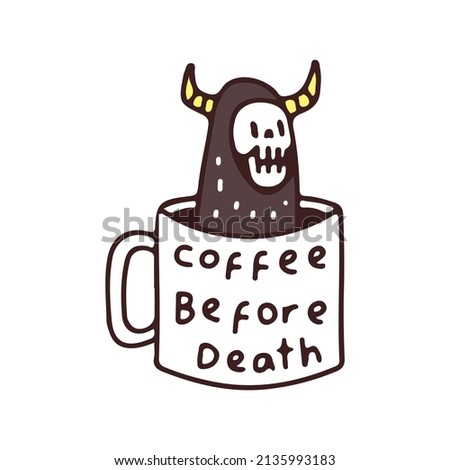 Trendy Devil skull inside a cup of coffee, illustration for t-shirt, street wear, sticker, or apparel merchandise. With retro, and cartoon style.