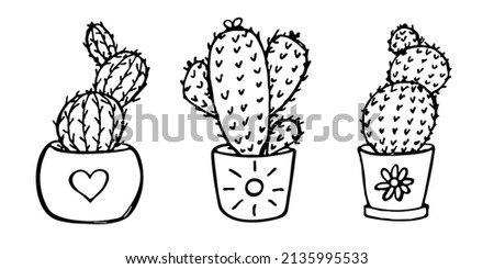 Set of cute hand drawn simple cactus. Houseplant in a pot clipart. Cacti illustration isolated on white background. Cozy home doodle.