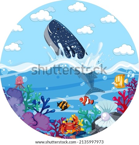 A water splash scene with whale on white background illustration