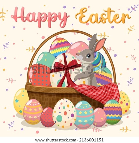 Happy Easter poster design with bunny and eggs illustration