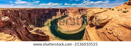 Panorama of  Horseshoe Bend in a sunny day, Arizona, USA Royalty-Free Stock Photo #2136010525
