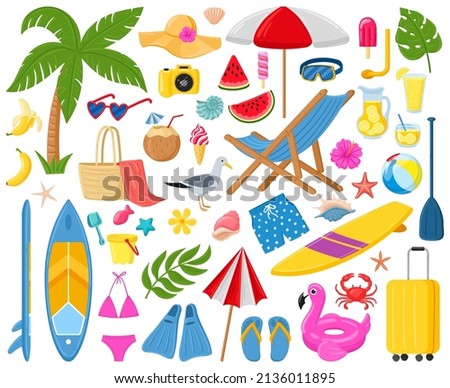 Cartoon summer elements, travel, beach, summertime accessory. Cocktails, ice cream and exotic fruits vector illustration set. Palm and serfing board. Umbrella and sunglasses Royalty-Free Stock Photo #2136011895