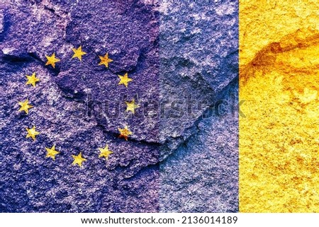Vintage European Union and Ukraine vertical national flags isolated together on weathered rock wall background, abstract EU Ukraine politics relationship partnership concept wallpaper