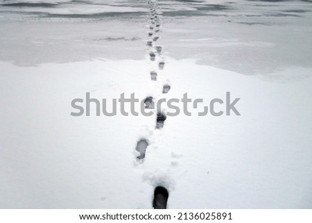 Foot prints on frozen lake in winter. Seasonal background and scene                             