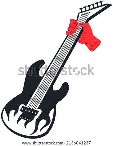 Human hand holding black and white stringed electric musical instrument. Guitar with strings for loud music. Modern instrument for guitarists. Person playing electric guitar vector illustration
