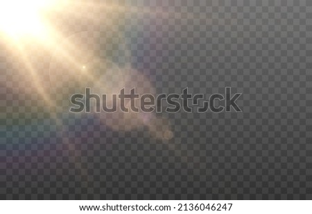 Vector golden light with glare. Sun, sun rays, dawn, glare from the sun png. Gold flare png, glare from flare png. Royalty-Free Stock Photo #2136046247
