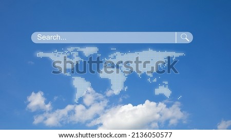 search icon and world map with sky background represents the unlimited search for information and the world of communication without borders.
