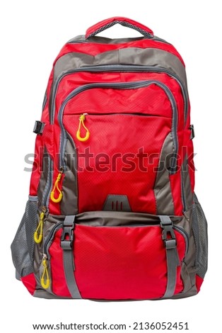 Big backpack. Red backpack. Isolate on a white background. Royalty-Free Stock Photo #2136052451