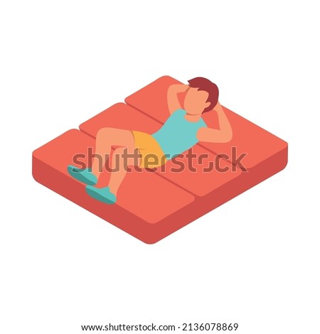 Kid sport isometric composition with character of boy doing abdominal crunches on mat vector illustration
