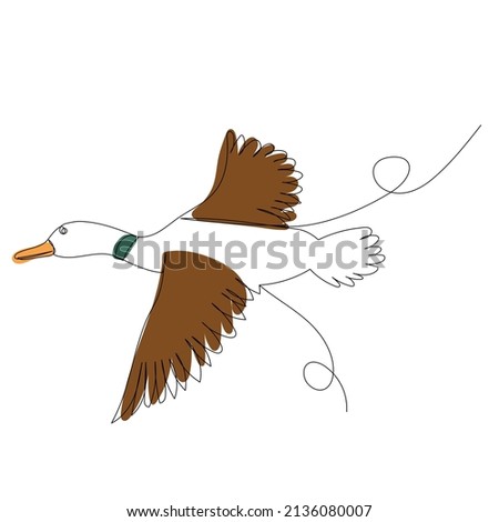 duck flying drawing in one continuous line, isolated