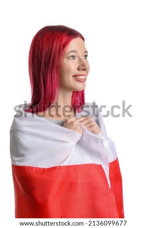 Beautiful young woman with flag of Poland isolated on white