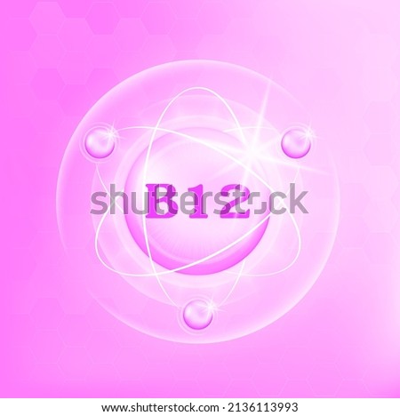Vitamin B12 icon structure light pink purple, white . Medicine health symbol of thiamine. 3D Vector Illustration. Complex with chemical formula. Personal care, beauty. Drug business concept.
