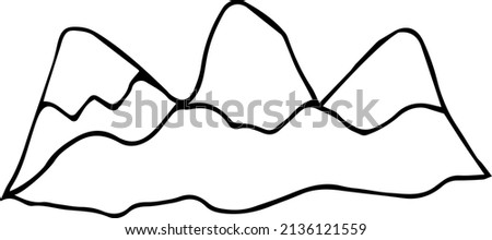 Mountains. Black and white vector illustration, hand-drawn. Isolated object on a white background. Clipart, template, sketch.