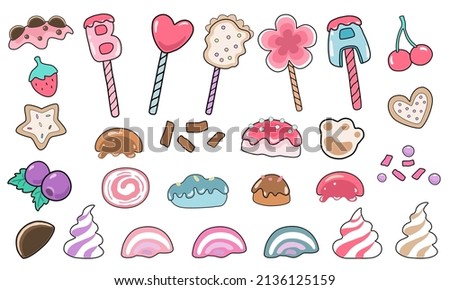 Set of decorative elements  cupcakes and bakery items for kindergarten, nursery, stickers, pillow designs, paper patterns, art for kids, craft, diy, scrapbook, and more.