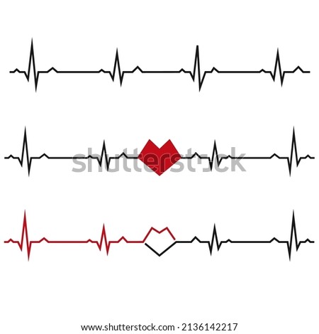 Set of black heartbeats isolated on white background. Electro-cardiogram, pulse of heart Design element for medicine, healthcare. Vector illustration. EPS10