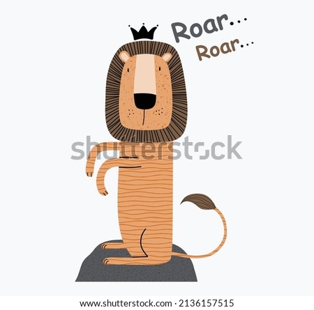 a cute funny lion in a crown. Isolated objects on white background. Scandinavian style flat design. Concept for children print.