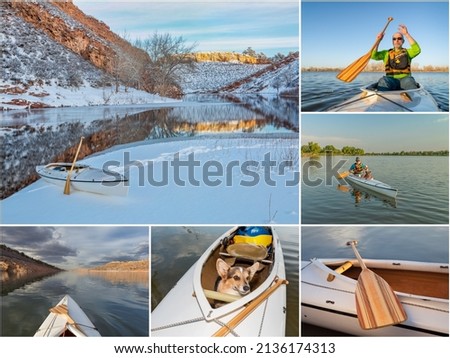 paddling a decked expedition canoe on lakes and rivers in Colorado, a set of pictures featuring the same senior male paddler, all images copyright by the photographer