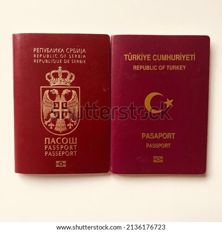 Serbian and Turkish Passports in the white background Translate Republic of Serbia Passport and Republic of Turkey passport together 16.03.2022