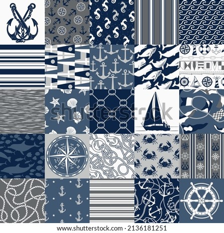Nautical marine sailing fabric patchwork vintage vector seamless pattern