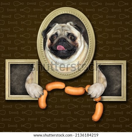A pug husky with sausages leans out of a picture in an art gallery.