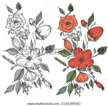 Vector branch with spring flowers. Realistic  branch. Detailed hand drawn clip art element.