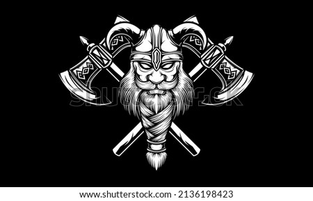 Viking head vector illustration. Viking head with double axe 