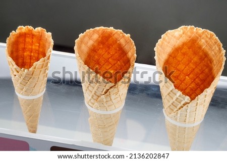 Empty ice cream CONES resting on white background
